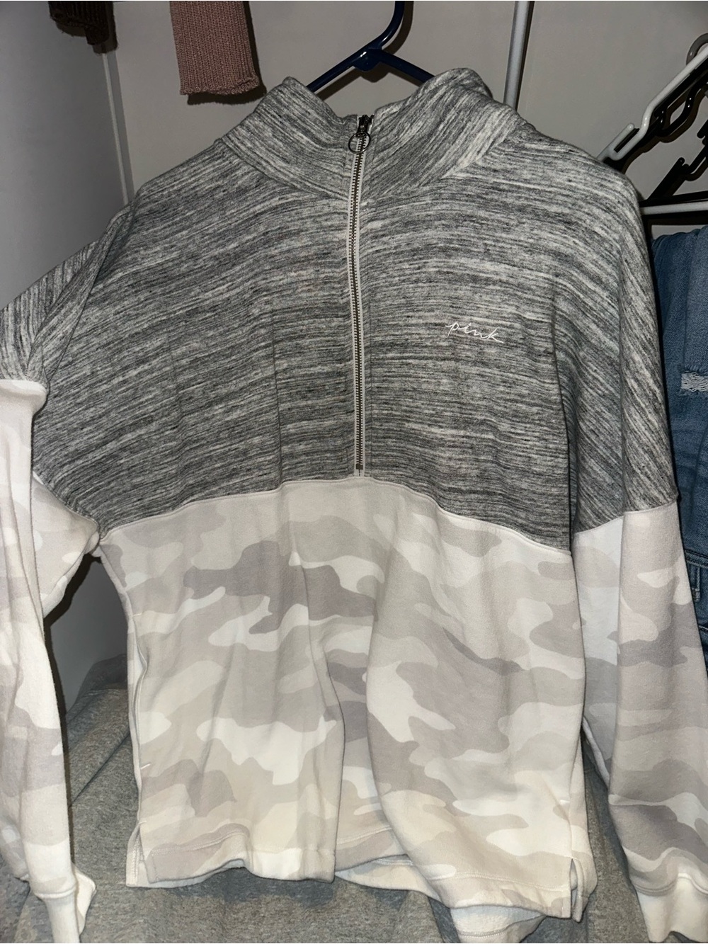 PINK Victoria's Secret Gray & White Half-Zip Camo Pullover